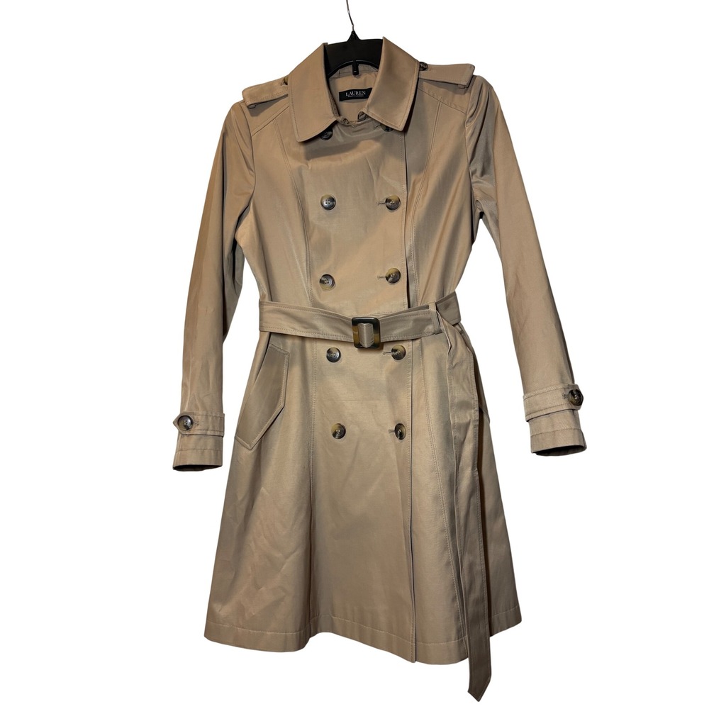 Lauren Ralph Lauren Womens Double Breasted Belted Trench Coat Khaki - Medium